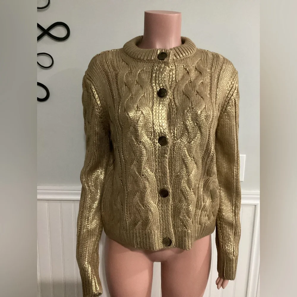 Zara NWOT Foil Cable Knit Sweater Cardigan Metallic Gold Button Up Size Large - Picture 6 of 10